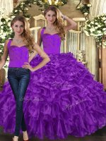 Custom Designed Purple Halter Top Lace Up Ruffles Sweet 16 Dresses Sleeveless
