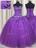 Unique Floor Length Eggplant Purple Sweet 16 Quinceanera Dress Tulle Sleeveless Beading and Appliques