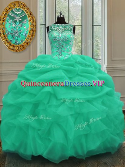 Dramatic Apple Green Ball Gowns Organza Scoop Sleeveless Beading and Pick Ups Floor Length Lace Up Sweet 16 Quinceanera Dress - Click Image to Close