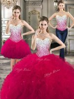 Three Piece Floor Length Ball Gowns Sleeveless Hot Pink Ball Gown Prom Dress Lace Up