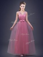 Custom Designed Pink Empire Appliques and Ruching and Bowknot Damas Dress Lace Up Tulle Sleeveless Floor Length