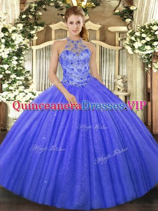 Beading and Embroidery Vestidos de Quinceanera Blue Lace Up Sleeveless Floor Length