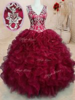 Floor Length Wine Red Ball Gown Prom Dress V-neck Sleeveless Zipper