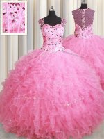 Straps Sleeveless Tulle Floor Length Zipper Ball Gown Prom Dress in Rose Pink with Beading and Ruffles(SKU PSSW0435BIZ)