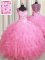 Straps Sleeveless Tulle Floor Length Zipper Ball Gown Prom Dress in Rose Pink with Beading and Ruffles