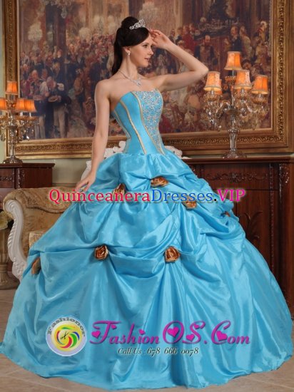 Gold Flower Decorate With Strapless Sky Blue Quinceanera Dress In Harbor Springs Michigan/MI - Click Image to Close