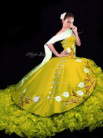 Dynamic Gold 15th Birthday Dress Organza Brush Train Sleeveless Embroidery and Ruffles