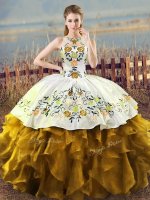 Most Popular Floor Length Lace Up 15th Birthday Dress Brown for Sweet 16 and Quinceanera with Embroidery and Ruffles