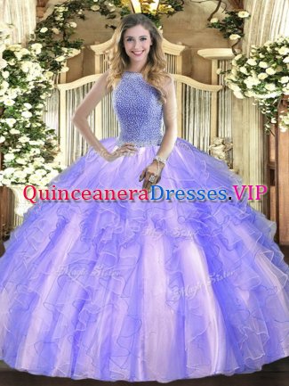Tulle High-neck Sleeveless Lace Up Beading and Ruffles Quince Ball Gowns in Lavender