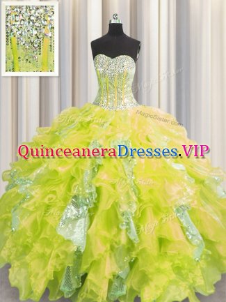 Charming Visible Boning Floor Length Yellow Quinceanera Dress Organza and Sequined Sleeveless Beading and Ruffles and Sequins
