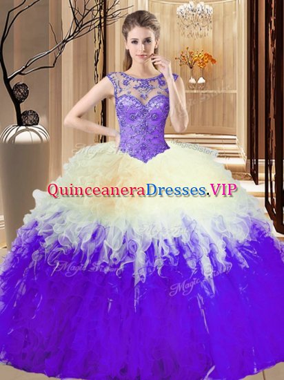 Sleeveless Tulle Floor Length Backless Quince Ball Gowns in Multi-color with Beading and Ruffles - Click Image to Close