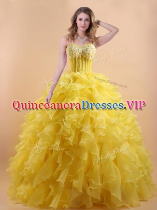 Gold Lace Up Sweet 16 Dress Appliques and Ruffles Sleeveless Floor Length