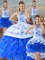 Exceptional Organza Halter Top Sleeveless Lace Up Embroidery and Ruffles Quinceanera Gowns in Blue And White