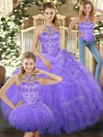 Halter Top Sleeveless 15 Quinceanera Dress Floor Length Beading and Ruffles Lavender Tulle(SKU SJQDDT1284007BIZ)