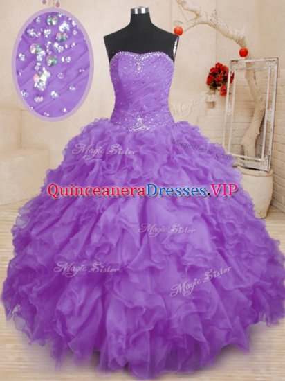 Lavender Ball Gown Prom Dress Military Ball and Sweet 16 and Quinceanera with Beading and Ruffles and Ruching Strapless Sleeveless Lace Up - Click Image to Close