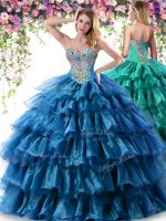Ruffled Sweetheart Sleeveless Lace Up Quinceanera Dress Teal Organza