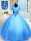 Best Baby Blue Ball Gowns V-neck Short Sleeves Organza Floor Length Lace Up Appliques 15th Birthday Dress