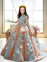 Cheap Peach Backless Pageant Gowns For Girls Appliques Sleeveless Court Train