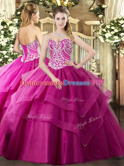 Fuchsia Sleeveless Floor Length Beading and Ruffled Layers Lace Up Quinceanera Gowns - Click Image to Close