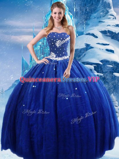 Royal Blue Lace Up Quinceanera Dress Beading Sleeveless Floor Length - Click Image to Close