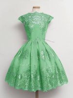 Wonderful A-line Quinceanera Dama Dress Green Scalloped Tulle Cap Sleeves Knee Length Lace Up