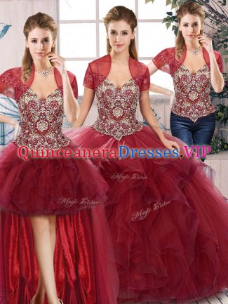 Spectacular Burgundy Off The Shoulder Neckline Beading and Ruffles Quince Ball Gowns Sleeveless Lace Up