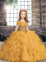 Gold Ball Gowns Beading Little Girls Pageant Gowns Lace Up Tulle Sleeveless Floor Length