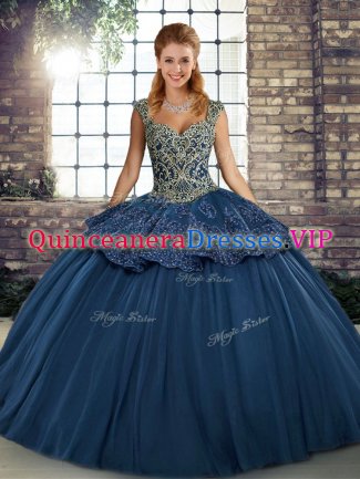 Pretty Straps Sleeveless Quinceanera Dresses Floor Length Beading and Appliques Navy Blue Tulle