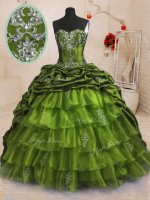 Hot Sale Sweetheart Sleeveless Sweet 16 Dresses With Train Sweep Train Beading and Appliques and Ruffled Layers and Pick Ups Olive Green Organza and Taffeta