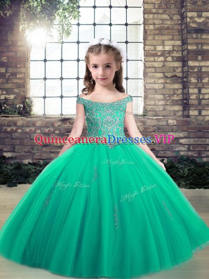 Turquoise Off The Shoulder Lace Up Appliques Child Pageant Dress Sleeveless - Click Image to Close