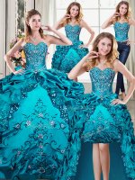 Four Piece Pick Ups Teal Sleeveless Organza and Taffeta Lace Up Quinceanera Dress for Military Ball and Sweet 16 and Quinceanera(SKU PSSW0525MTDTA2-1BIZ)