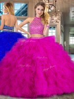 Modest Halter Top Fuchsia Two Pieces Beading and Ruffles Quinceanera Gowns Backless Tulle Sleeveless(SKU SXQD026BIZ)