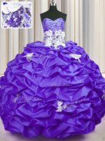 Taffeta Sweetheart Sleeveless Brush Train Lace Up Appliques and Sequins and Pick Ups Sweet 16 Quinceanera Dress in Purple