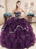 Excellent Purple Ball Gowns Sweetheart Sleeveless Organza Floor Length Lace Up Beading and Ruffled Layers and Pick Ups Ball Gown Prom Dress