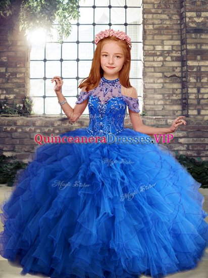 Fashionable Blue Sleeveless Floor Length Beading and Ruffles Lace Up Kids Pageant Dress - Click Image to Close