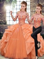 Smart Orange Organza Lace Up Ball Gown Prom Dress Sleeveless Floor Length Beading and Ruffles