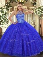 Ball Gowns Sweet 16 Dress Royal Blue Halter Top Tulle and Sequined Sleeveless Floor Length Lace Up