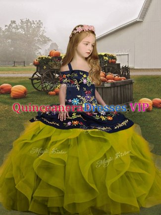 Organza Straps Sleeveless Lace Up Embroidery and Ruffles Kids Pageant Dress in Olive Green