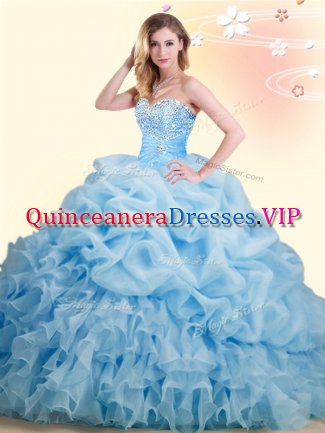 Pick Ups Baby Blue Sleeveless Organza Brush Train Lace Up Quinceanera Dress for Military Ball and Sweet 16 and Quinceanera