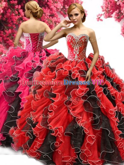 Classical Red And Black Sweetheart Neckline Beading and Ruffles Sweet 16 Dress Sleeveless Lace Up - Click Image to Close