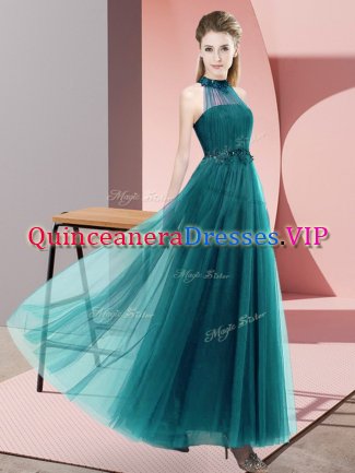 Best Teal Tulle Lace Up Court Dresses for Sweet 16 Sleeveless Floor Length Beading and Appliques