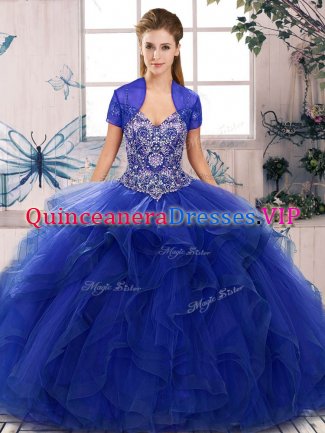 Floor Length Royal Blue 15th Birthday Dress Tulle Sleeveless Beading and Ruffles