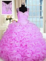 Charming Rose Pink Ball Gowns Beading and Ruffles 15th Birthday Dress Zipper Organza Sleeveless Floor Length