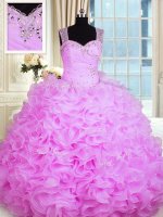 Charming Rose Pink Ball Gowns Beading and Ruffles 15th Birthday Dress Zipper Organza Sleeveless Floor Length(SKU PSSW0248-8BIZ)