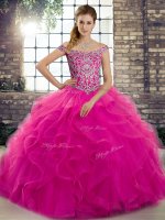Pretty Fuchsia Off The Shoulder Lace Up Beading and Ruffles Quinceanera Dresses Brush Train Sleeveless