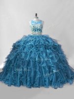 Exquisite Organza Scoop Sleeveless Brush Train Zipper Beading and Ruffles 15 Quinceanera Dress in Blue(SKU PSSW1132-7BIZ)