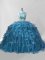Exquisite Organza Scoop Sleeveless Brush Train Zipper Beading and Ruffles 15 Quinceanera Dress in Blue
