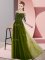 Hot Selling Bateau Half Sleeves Dama Dress Floor Length Beading and Lace Olive Green Chiffon