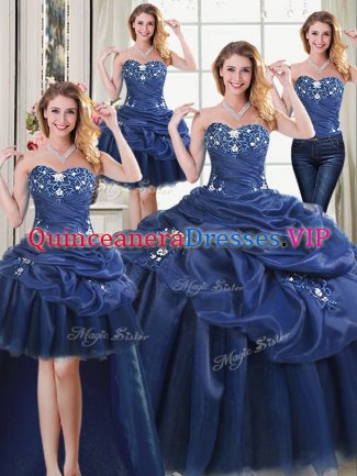 Unique Four Piece Navy Blue Organza Lace Up Sweetheart Sleeveless Floor Length Sweet 16 Quinceanera Dress Appliques