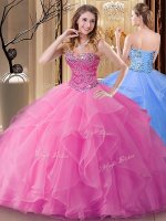 Fashion Rose Pink Tulle Lace Up Sweetheart Sleeveless Floor Length Quinceanera Gown Beading(SKU SJQDDT902002BIZ)